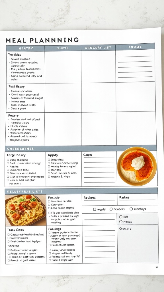 A meal planning sheet with sections for hearty meals, snacks, grocery lists, and themes.