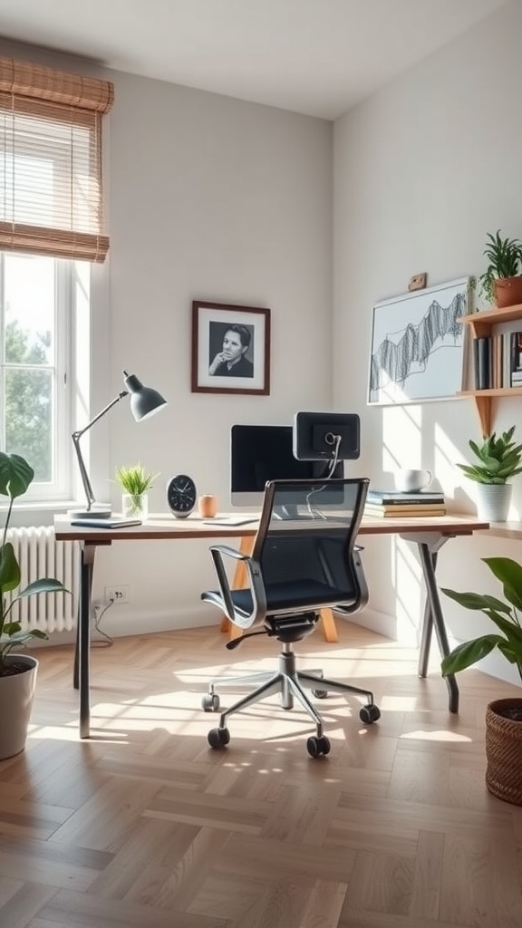 A bright and organized home office with a desk, chair, plants, and a window.