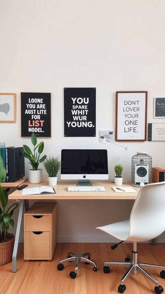 A modern desk setup featuring a computer, plants, and motivational posters.
