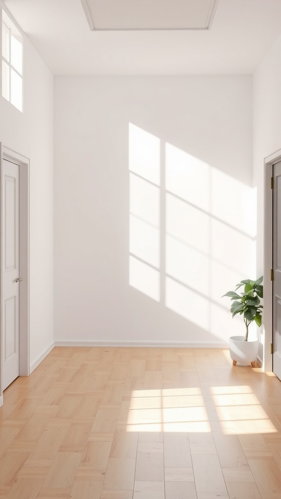 A bright room with light floors and a plant, showing natural light streaming in from windows.