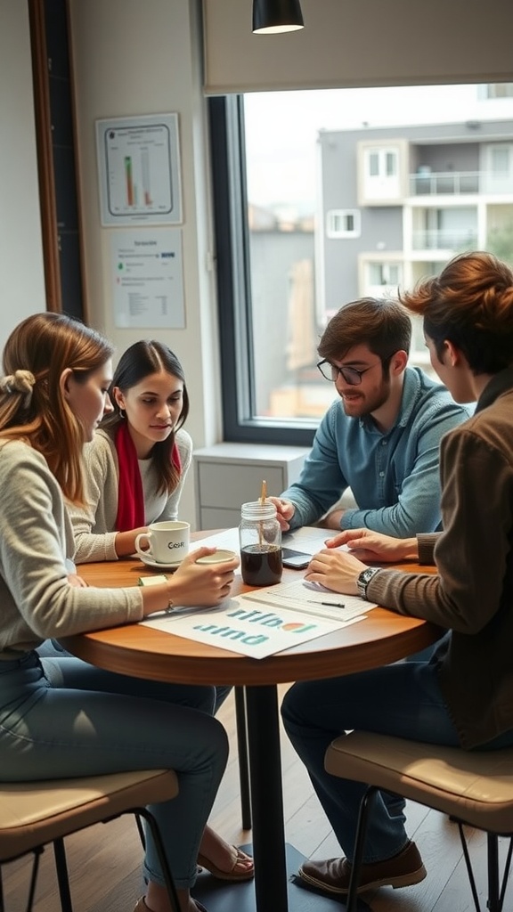 A group of friends discussing a savings challenge at a table with notebooks and drinks.