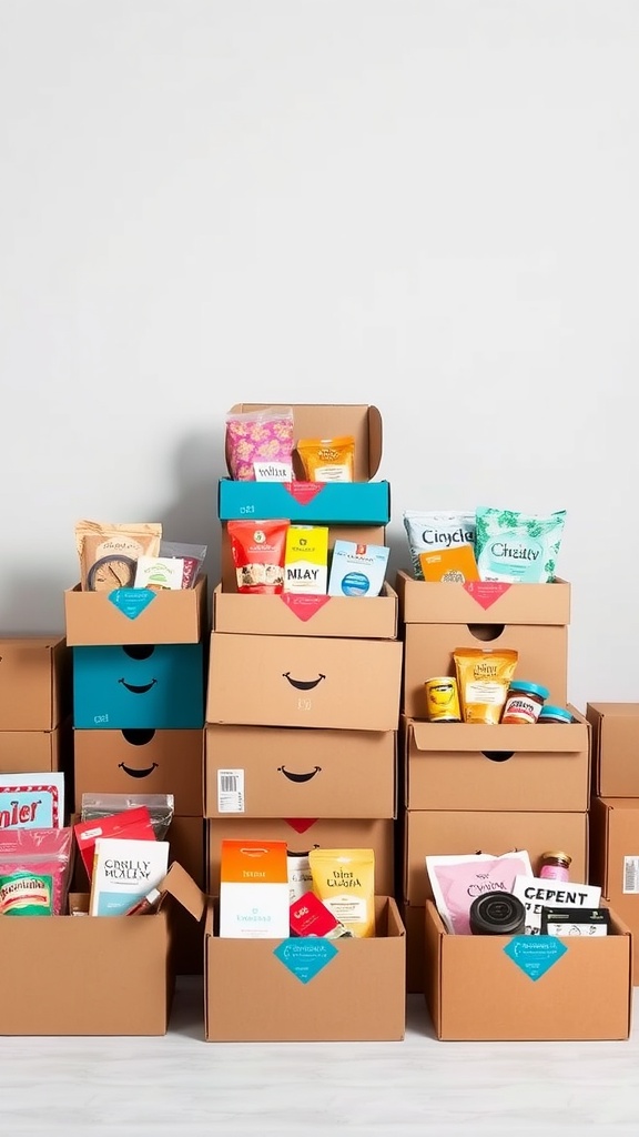 A visually appealing display of various subscription boxes filled with products.