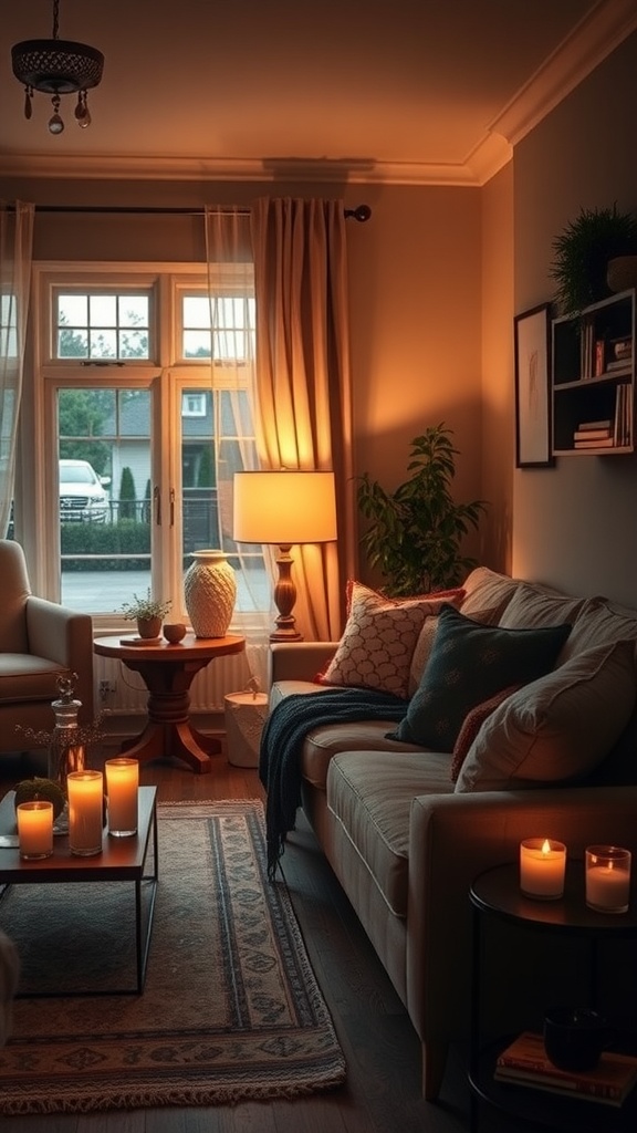 A cozy living room with soft lighting, candles on the table, and comfortable seating.