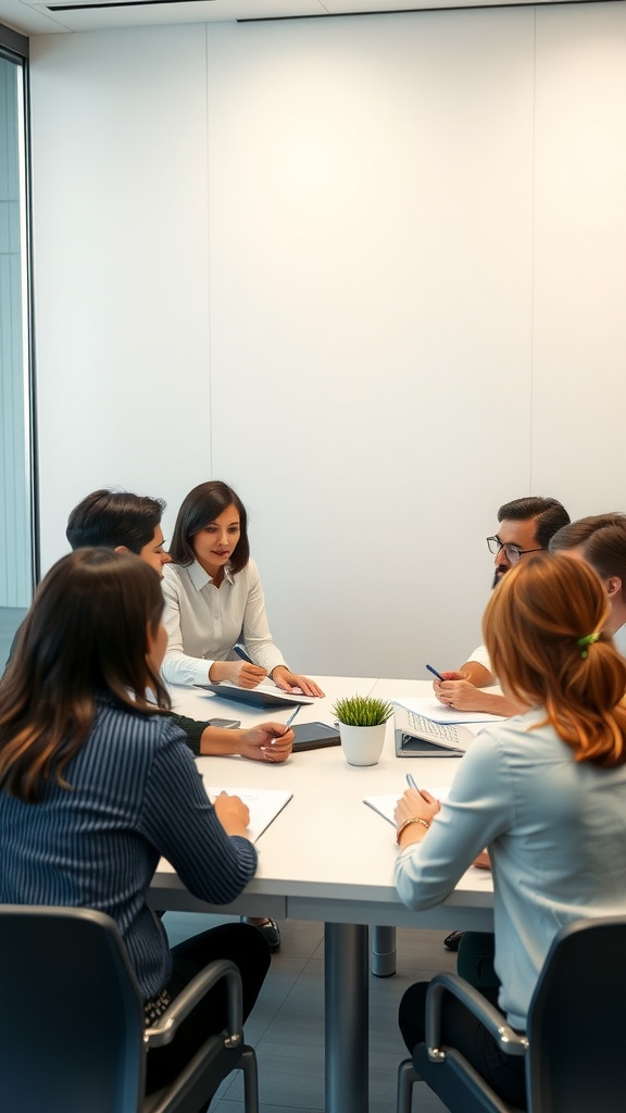 A group of professionals engaged in a meeting, discussing productivity and accountability.