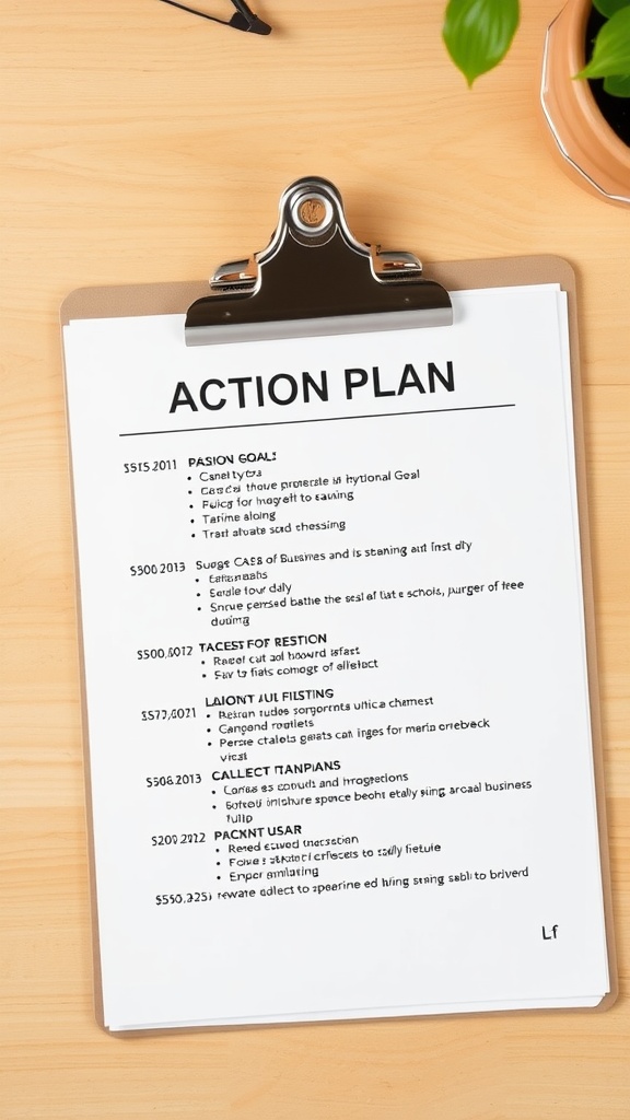 A clipboard with an action plan document outlining various business goals and tasks.