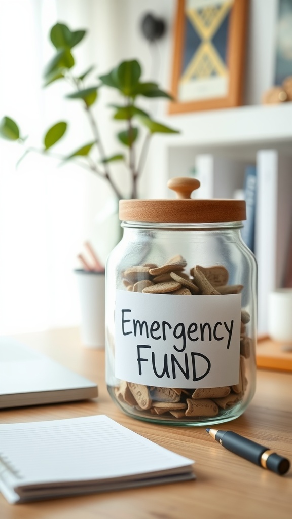 A glass jar labeled 'Emergency Fund' filled with coins, placed on a wooden table with a notepad and pen nearby.