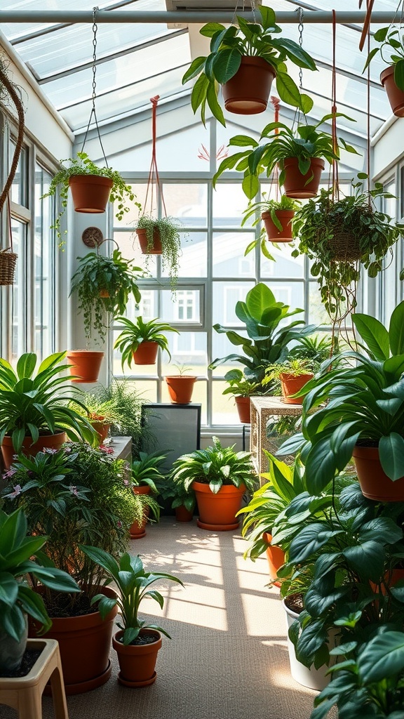 Indoor garden with hanging plants and potted greenery.