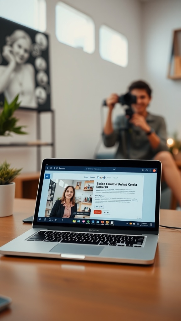 A laptop displaying an online course with a person in the background holding a camera.