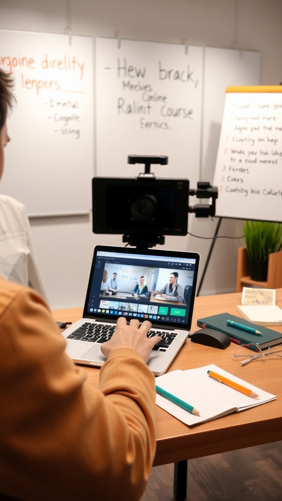 A person setting up an online course using a laptop and camera, with notes and pens on the desk.