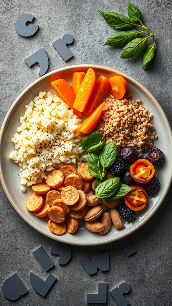 A colorful plate featuring grains, vegetables, and proteins arranged neatly.