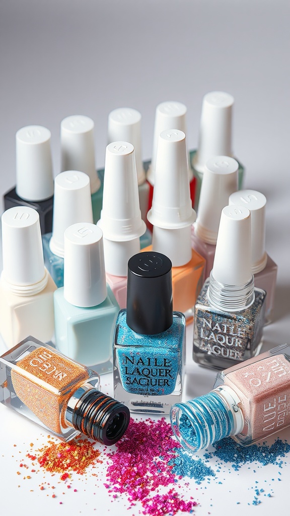 A variety of nail polish bottles with colorful glitter scattered around.
