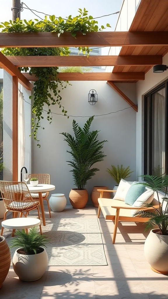 A minimalist outdoor space with wooden furniture, plants, and a cozy rug