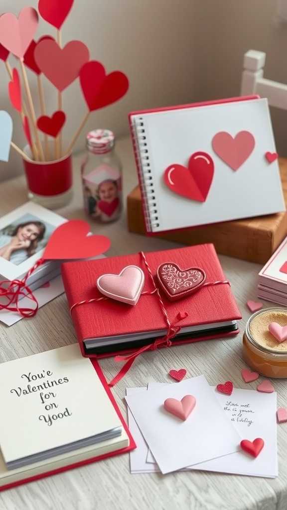 A creative Valentine's Day setup with hearts, cards, and a scrapbook.
