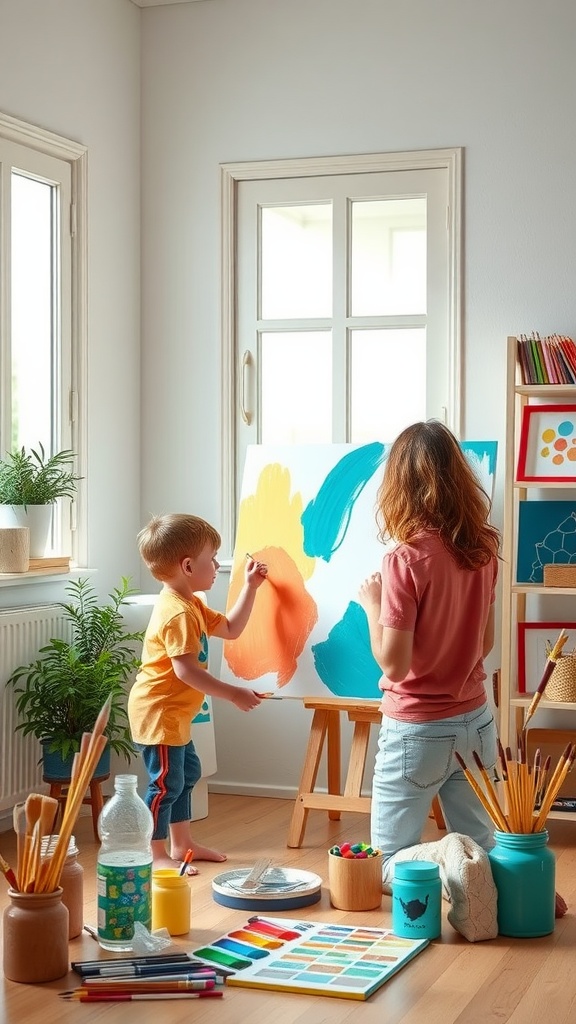 A parent and child painting on a canvas in a bright and cheerful home environment.