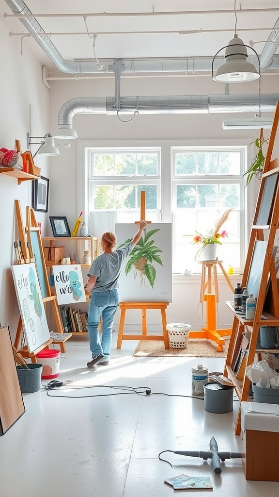 A person painting in a bright and airy art studio with easels and colorful artwork.