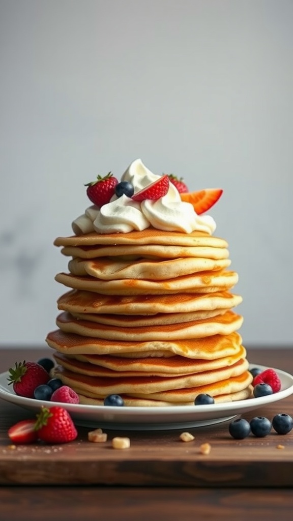 A tall stack of pancakes topped with whipped cream, strawberries, and blueberries.