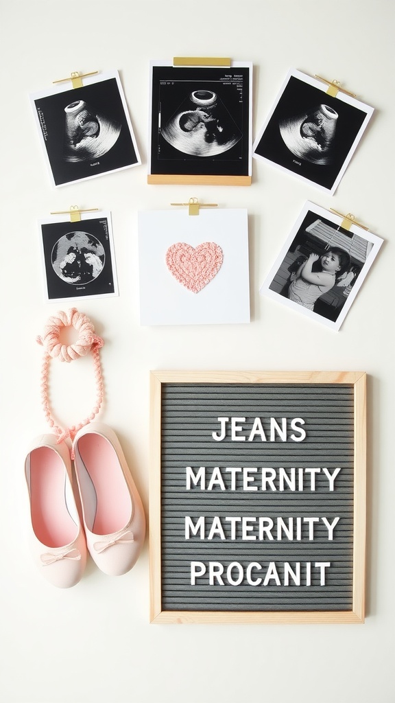A collection of creative props for a maternity shoot including baby shoes, a letter board, and small photo frames.