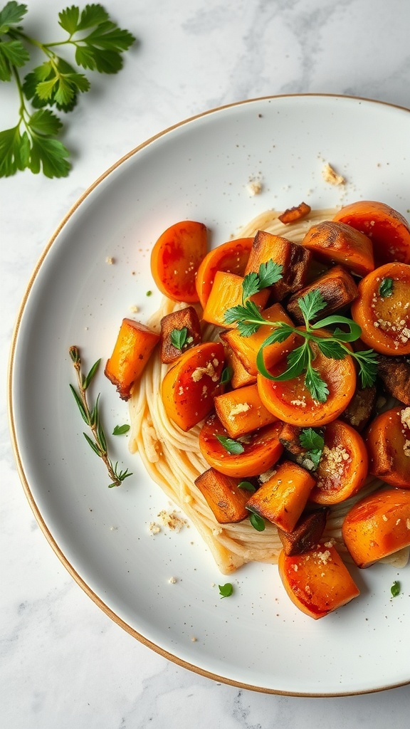 A plate of pasta topped with roasted squash and garnished with fresh herbs.