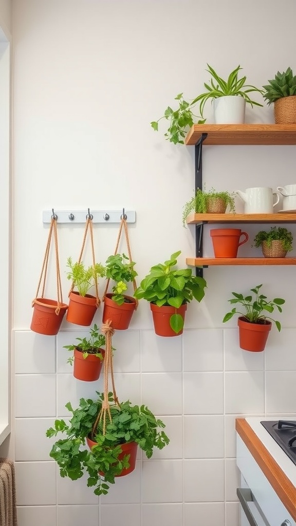 A kitchen wall featuring hanging plants in pots and shelves with additional plants and pottery.