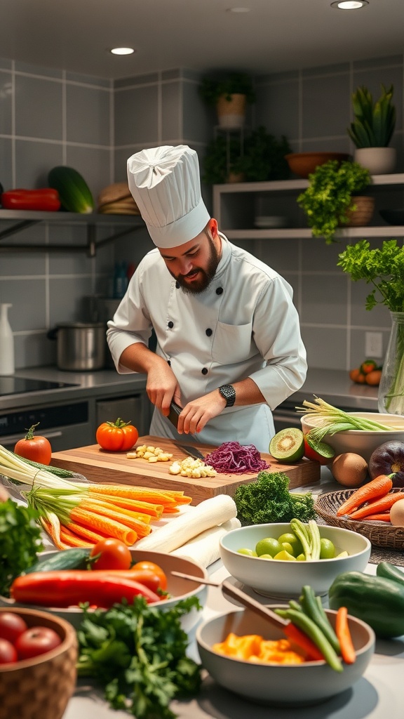 A chef skillfully preparing various vegetables in a modern kitchen.