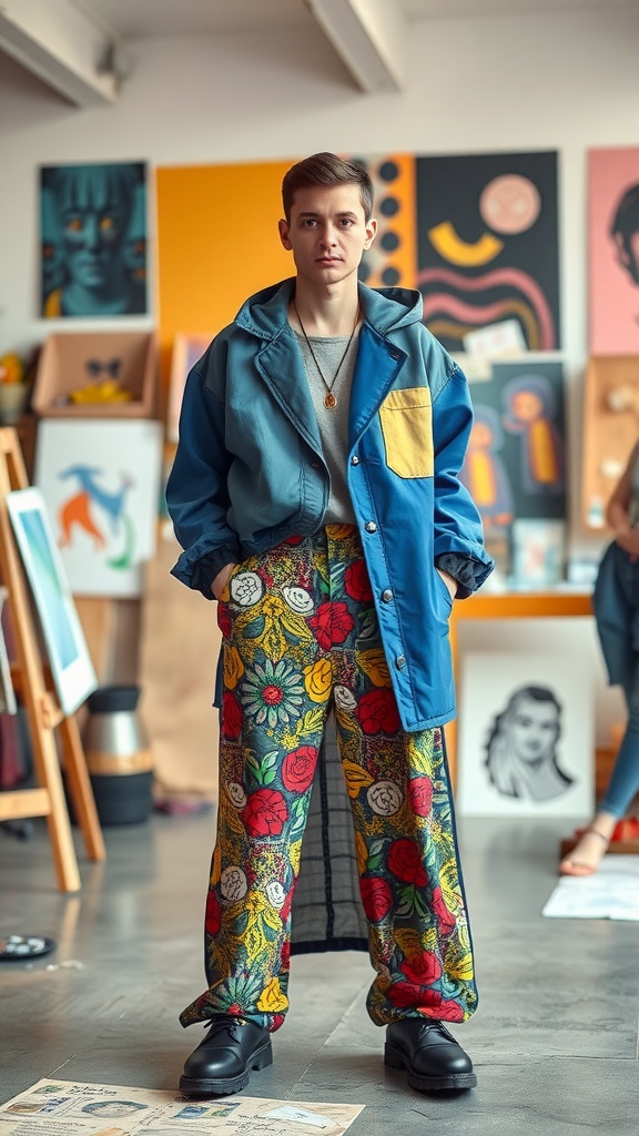A person in a colorful outfit, featuring a blue jacket and patterned pants, standing in an artistic studio.