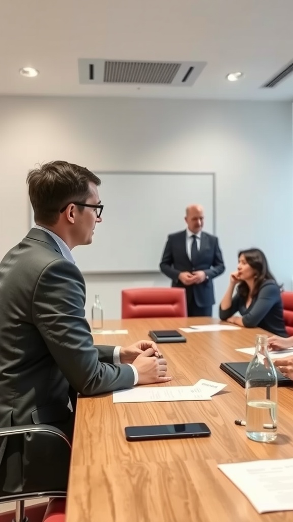 A business meeting focused on crisis management, showing professionals in discussion.