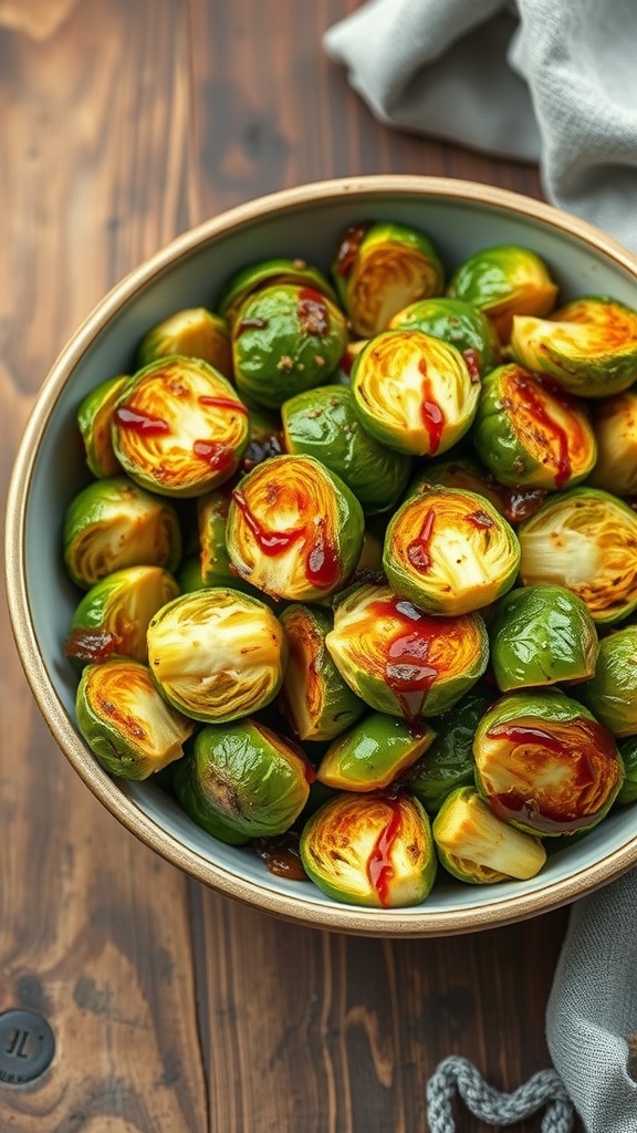 A bowl of crispy air fryer Brussels sprouts with a golden brown color.