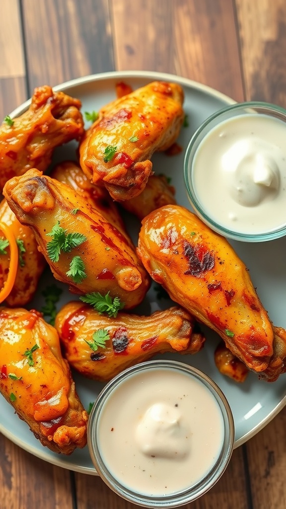 A plate of crispy chicken wings served with dipping sauces.