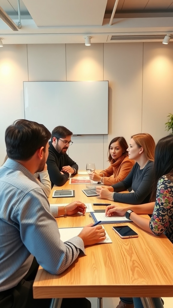 A group of people engaged in a discussion around a table with notebooks and digital devices.