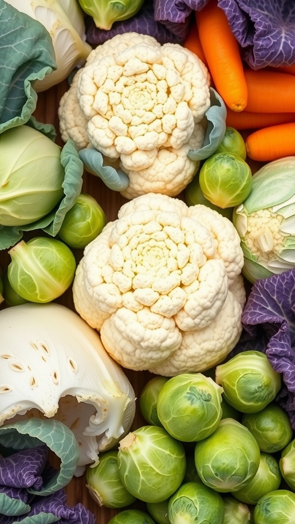 A colorful assortment of cruciferous vegetables including cauliflower, Brussels sprouts, and cabbage.