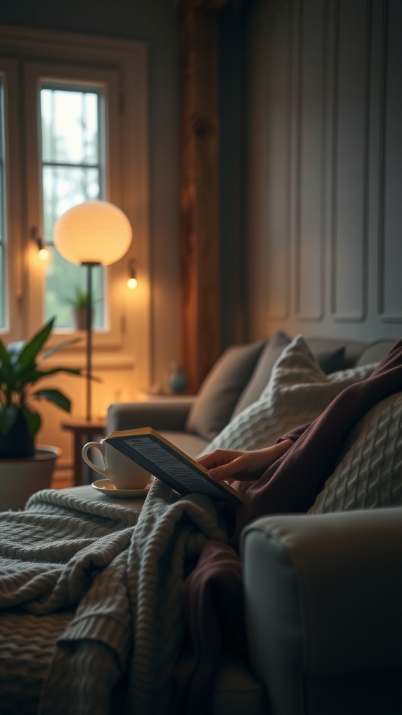 A cozy evening setting with a person reading a book on a couch, wrapped in a blanket, with a warm drink beside.