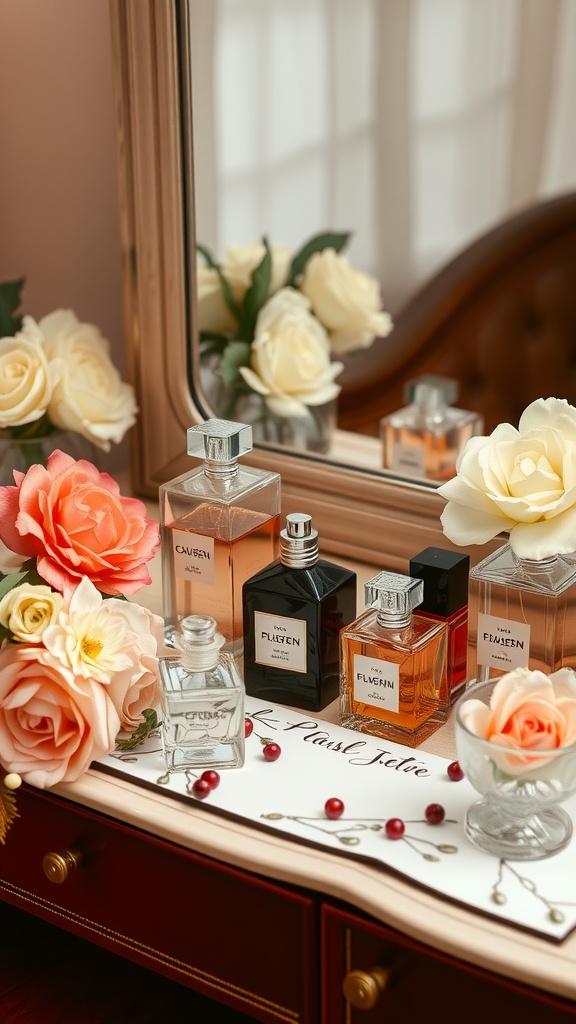 A display of elegant perfume bottles surrounded by roses on a vanity.