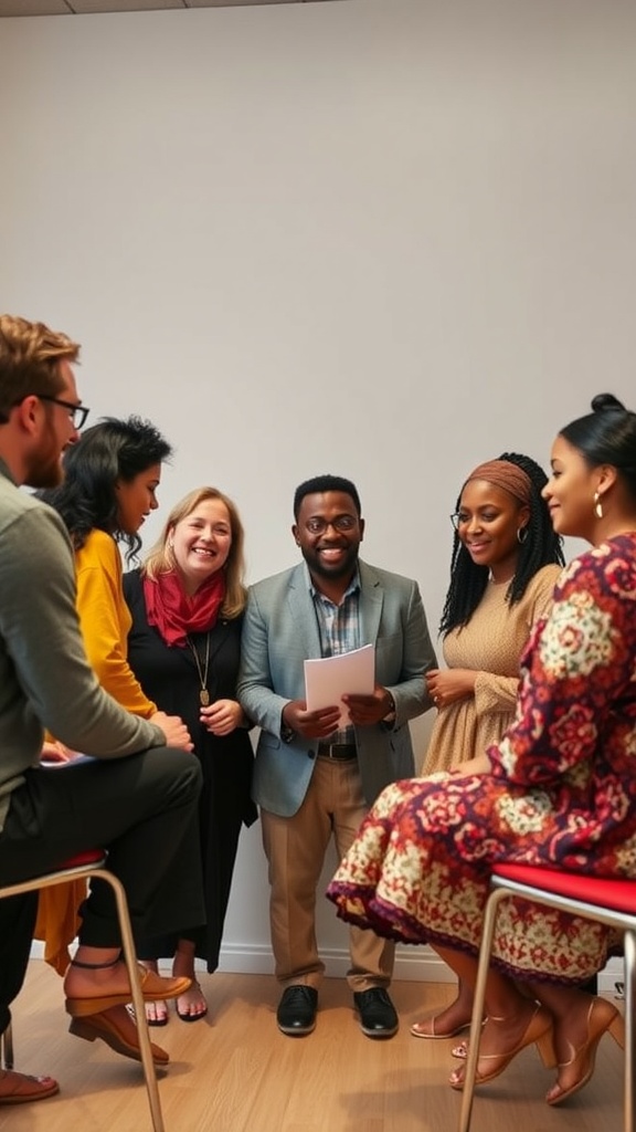 A diverse group of people engaged in a discussion, highlighting teamwork and cultural competence.