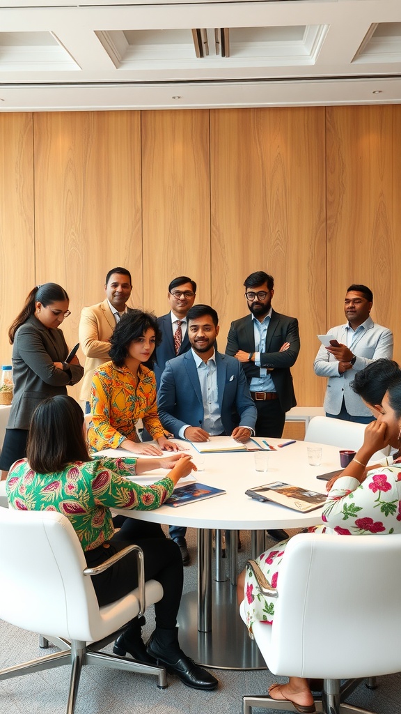 A diverse group of professionals engaged in a meeting, showcasing various work fashion styles.