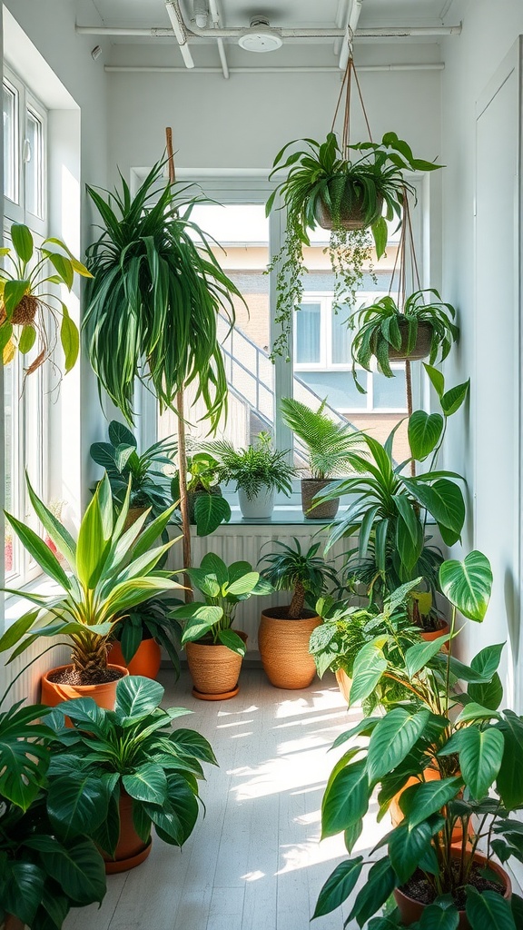 Bright indoor space filled with various houseplants.