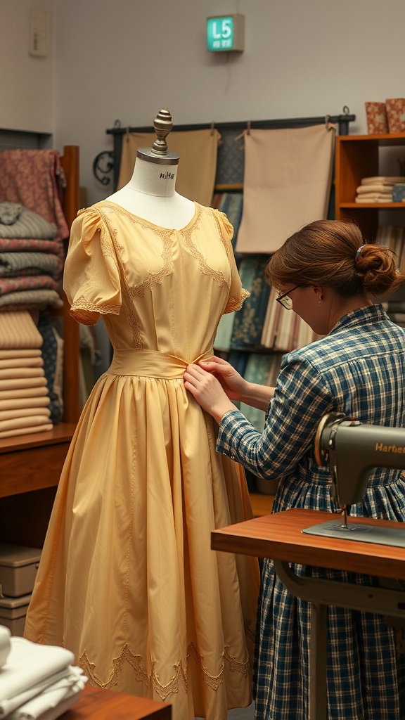 A woman adjusting a vintage yellow dress on a mannequin in a sewing workshop.