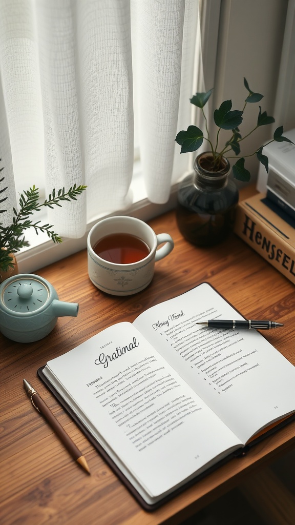 A gratitude journal open on a wooden table with a cup of tea and a plant nearby.