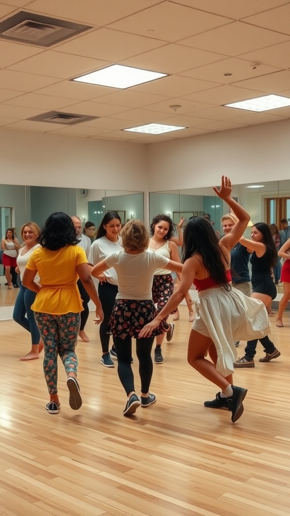 Group of people dancing in a class setting.