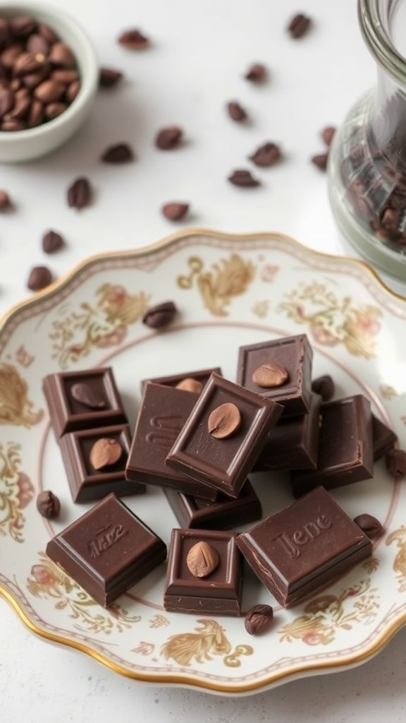 Plate with dark chocolate pieces and coffee beans