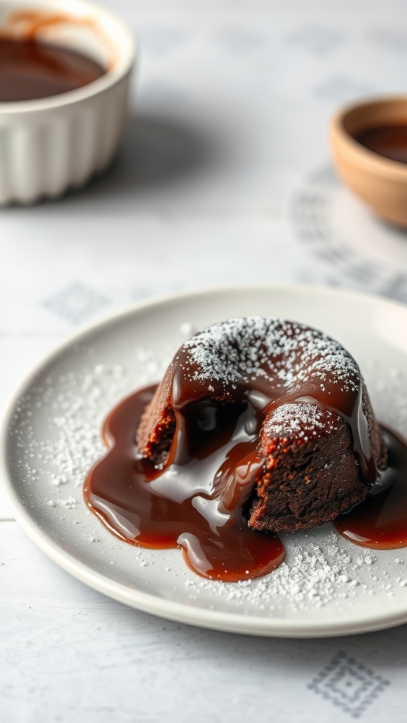 A plate of chocolate lava cake with melted chocolate sauce and powdered sugar.