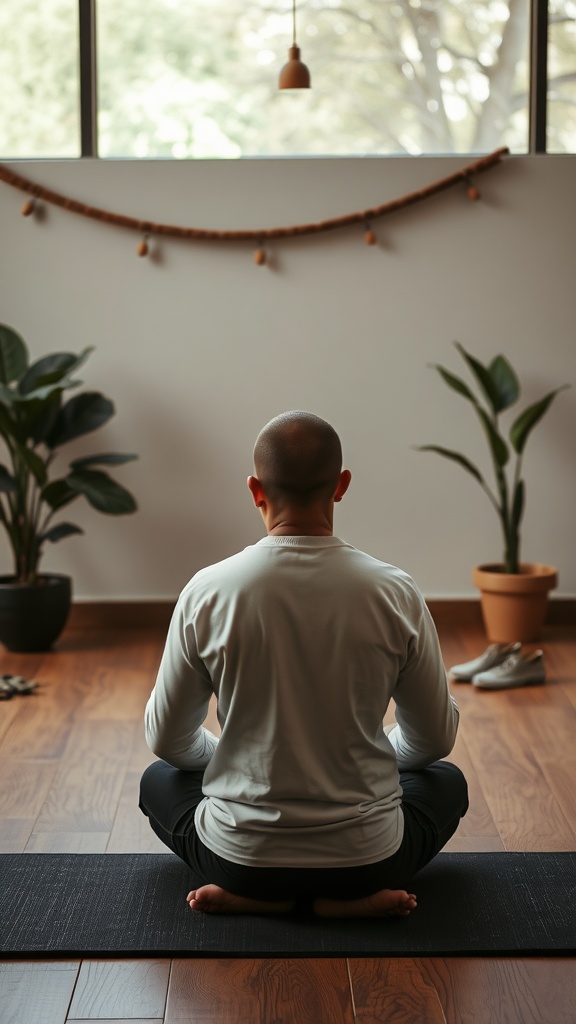 Person practicing deep breathing exercises in a serene indoor space