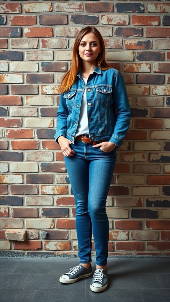 A woman wearing a denim jacket and jeans, standing against a brick wall.