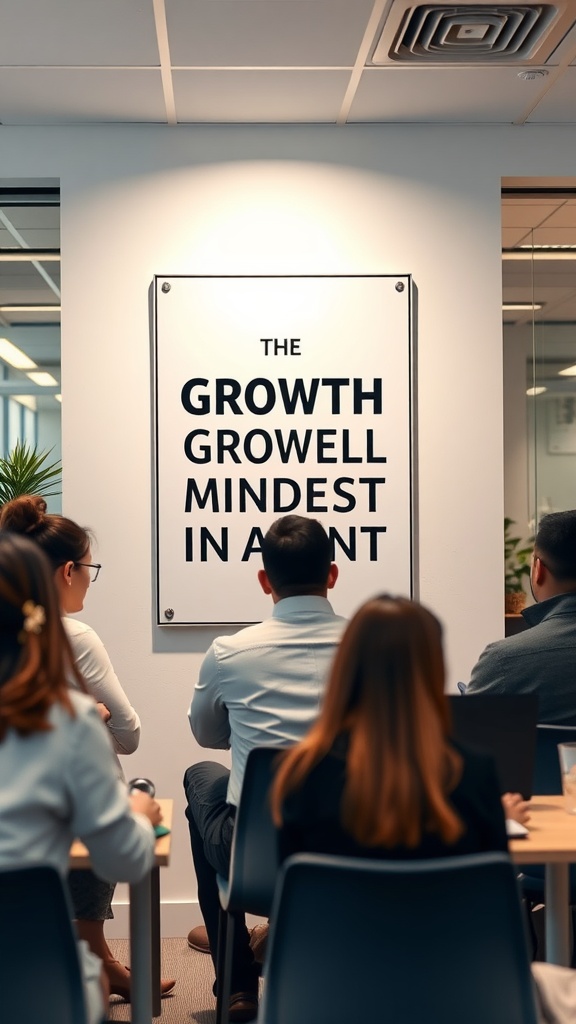 A group of people attending a workshop on the growth mindset in a modern office setting.