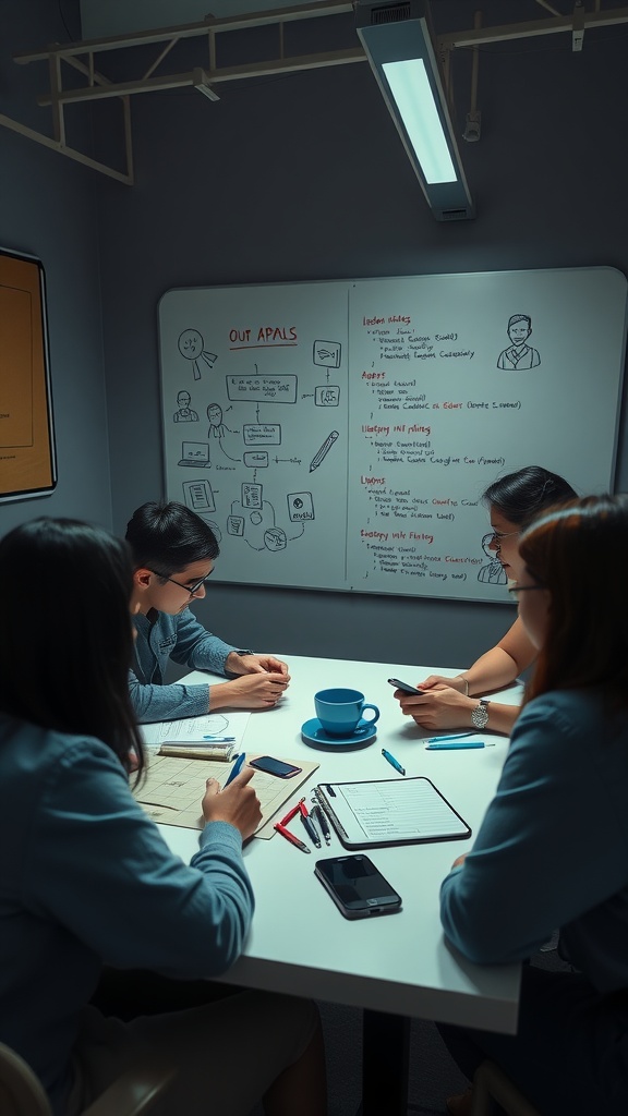 A group of people in a meeting discussing mobile app development with a whiteboard in the background.