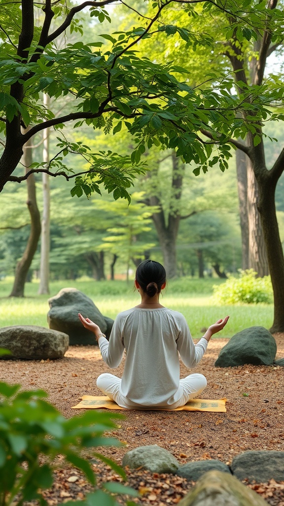 A person meditating in a serene forest setting, surrounded by trees and rocks.