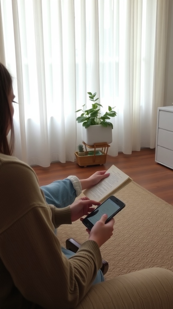 A person reading a book while holding a phone, sitting in a cozy room with a plant and sunlight.