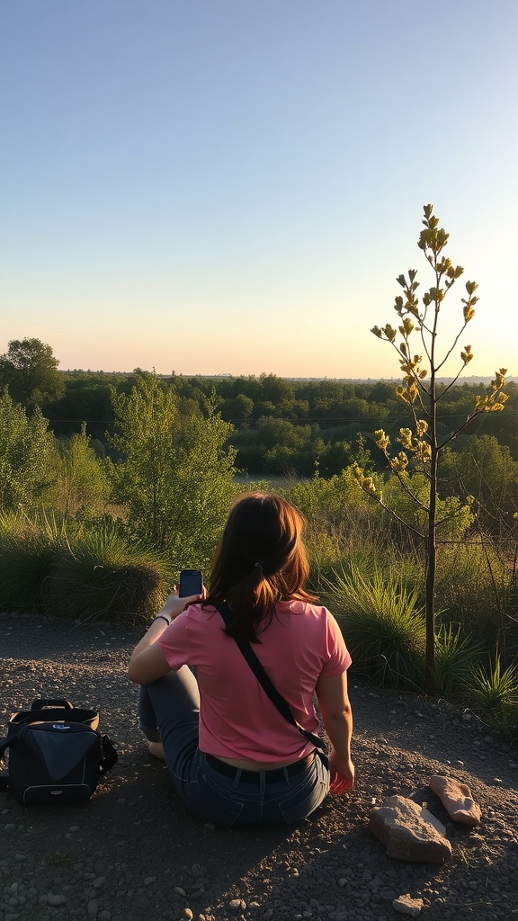 A person sitting outdoors, looking at their phone while surrounded by nature.