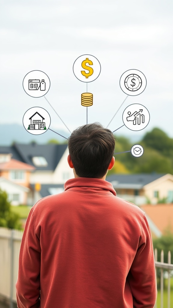 A person standing with a thoughtful expression, looking at icons representing different income sources like money, investments, and properties.