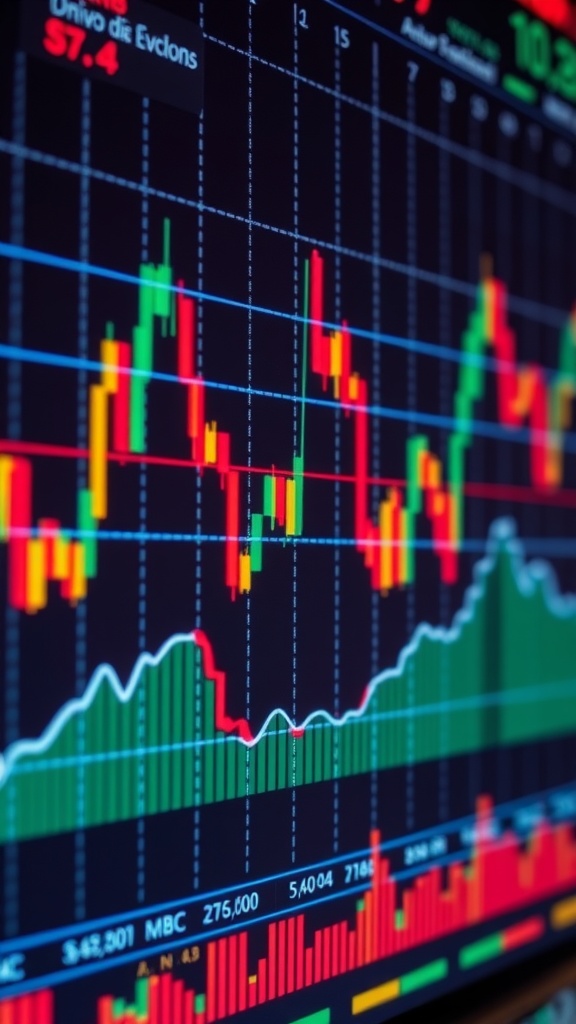 Colorful stock market graph showing price movements and trading volume.