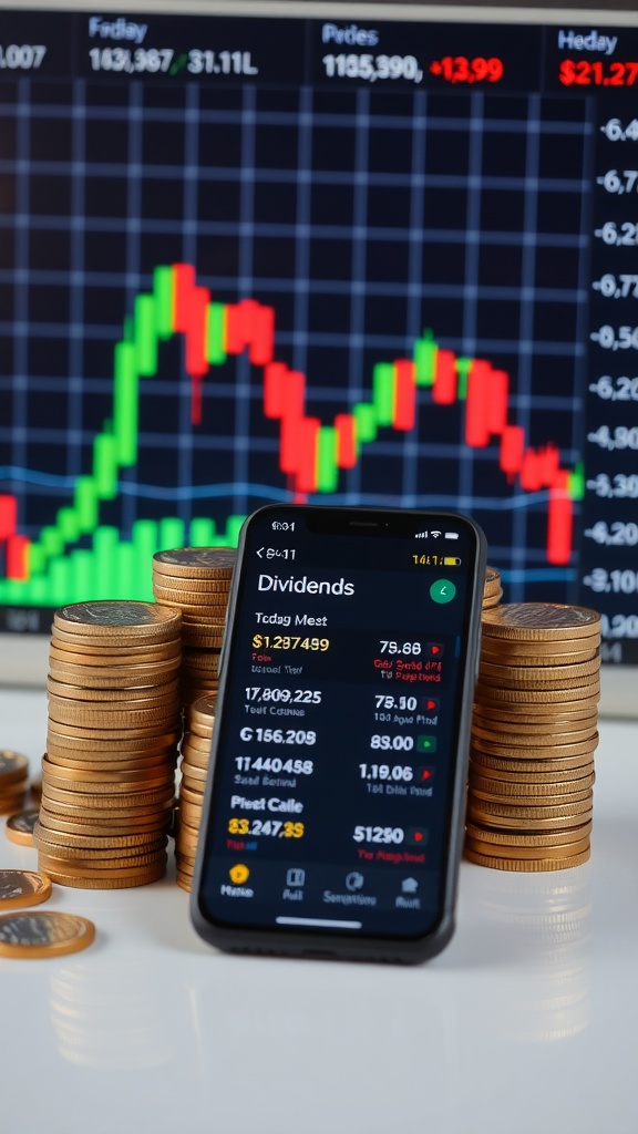 A smartphone displaying dividend information next to stacks of coins and a stock market chart.